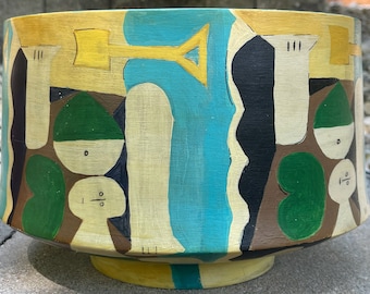 Vintage Abstract Design Decorative Painted Wood Bowl Mid Century Modern MCM