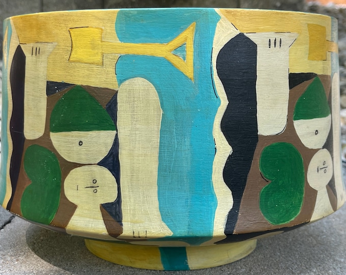 Vintage Abstract Design Decorative Painted Wood Bowl Mid Century Modern MCM