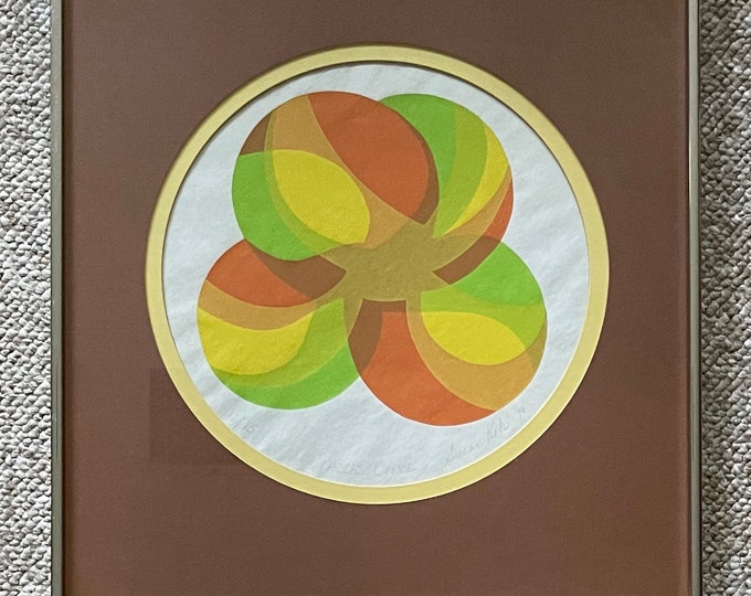 VIntage 1970s Abstract Green Orange Yellow Circles Screen Print Modern Art Wall Hanging Signed Kohl
