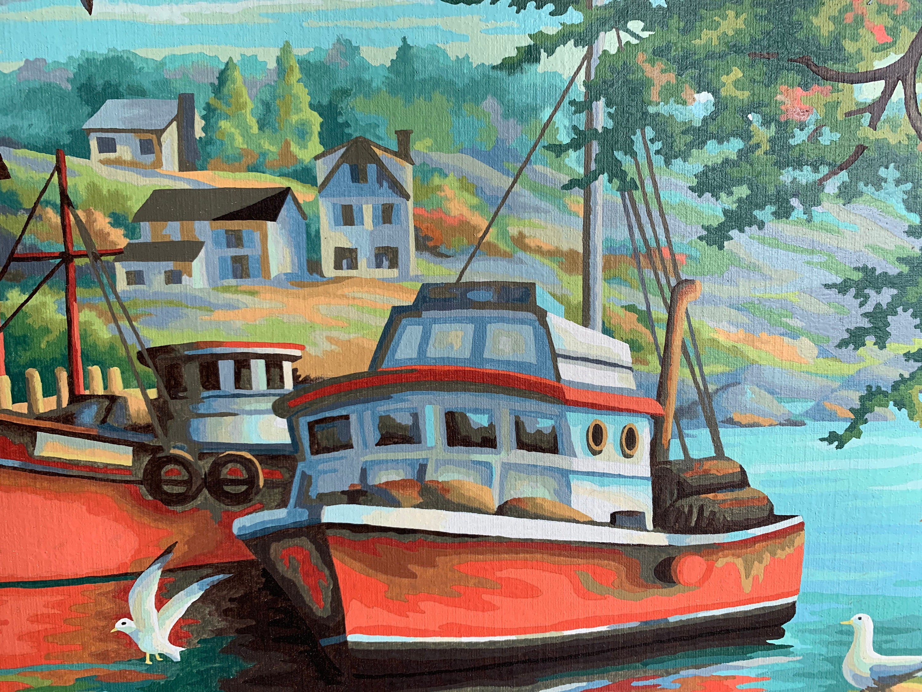 Vintage Boat Harbor Dock Village Paint By Numbers PBN Painting Modern