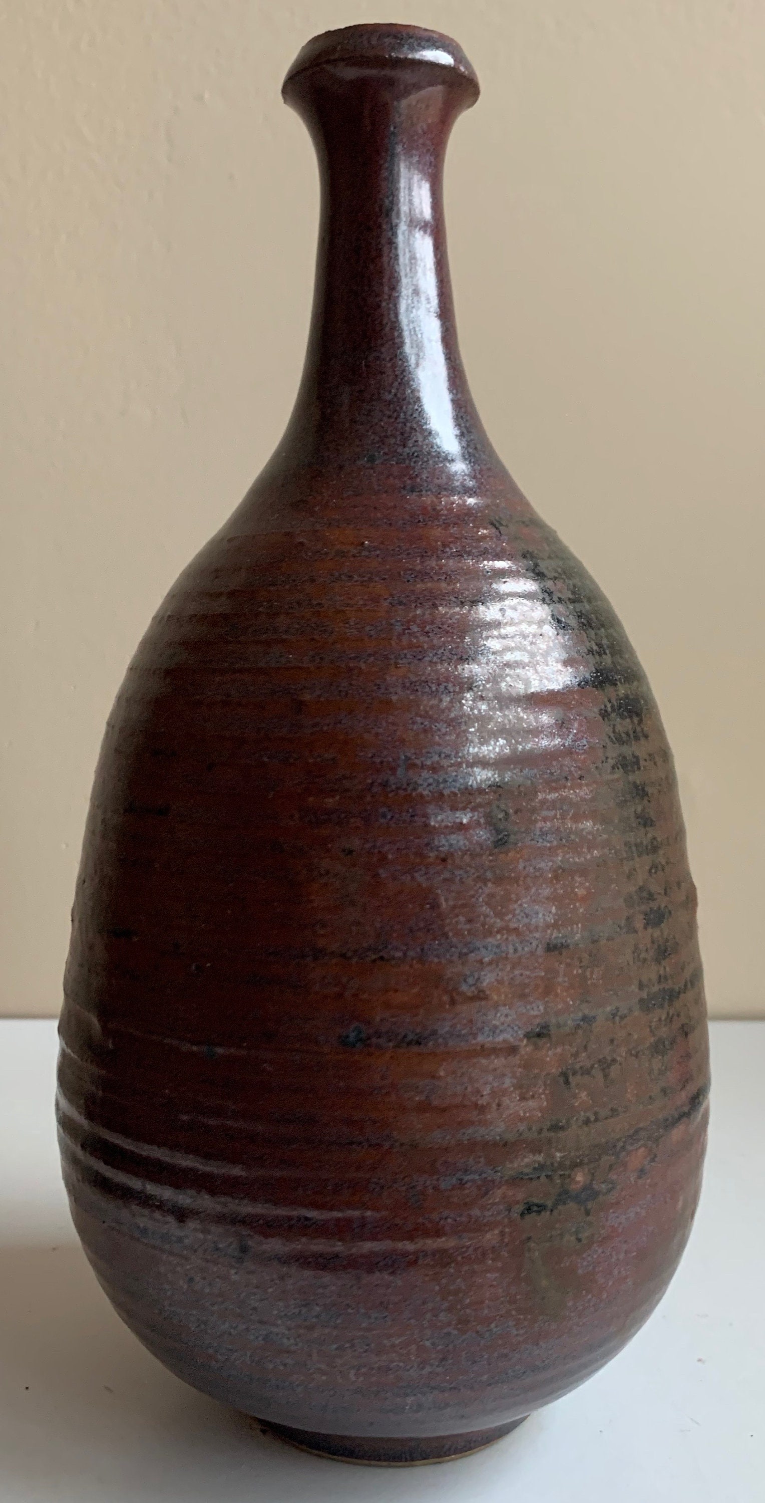 Vintage 60s Brown Black Ribbed Vase Vessel Studio Pottery Mid Century