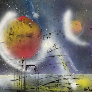 Vintage 80s Surreal Planetary Landscape Painting Modern Art Wall Hanging Signed