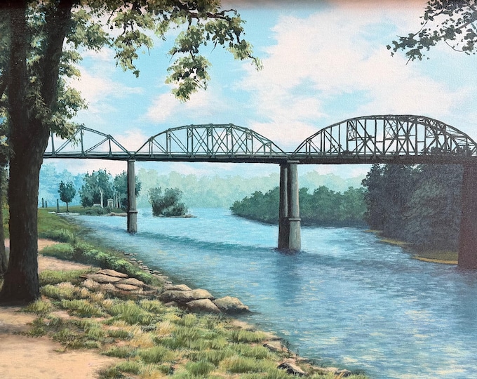 Vintage Railroad Trestle Landscape Painting Modern Art Wall Hanging Signed Magiera
