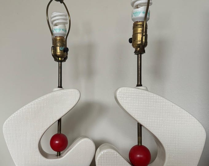 Vintage 50s ALADDIN Ceramic Wood Abstract Lamps Mid Century MCM Modern Lighting Atomic Era