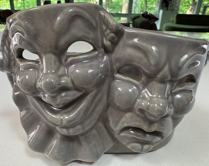 Vintage MCM Gray Shawnee Ceramic Comedy Tragedy Theater Masks Planter Kitschy 50s