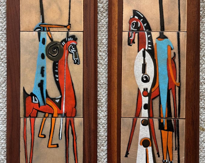 Vintage MCM Abstract Enamel Warrior Plaques  Mid Century Modern 60s Judith Daner Style