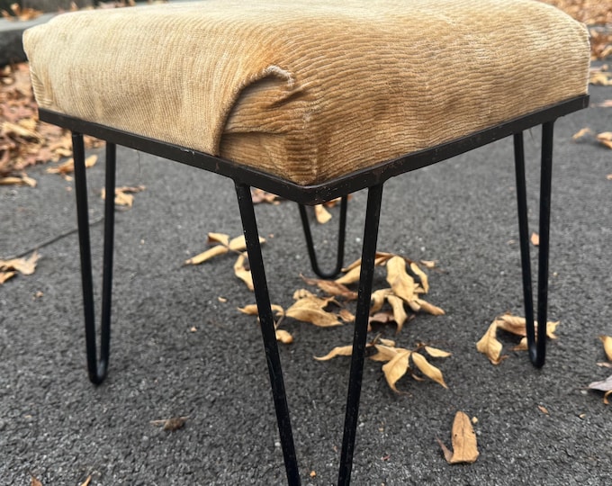 Vintage 50s MCM Atomic Hairpin Leg Stool Ottoman Mid Century Modern Upholstered