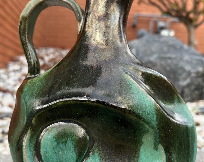 Decorative MCM Vintage Green Stoneware Handled Pitcher Jug Abstract Modern 1960s