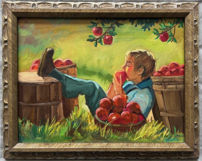 Framed Vintage 70s Boy Eating Apples Oil Painting Art Wall Hanging Signed Eaton