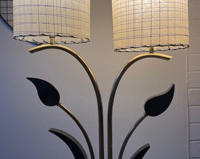 Vintage 50s 60s Brass Wood Floral Lamp Fiberglass Shades Majestic Guggenheim Luxcraft Atomic Era
