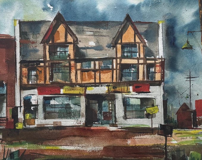 Vintage Architectural Watercolor Painting Art Signed Paul Helmle Mid Century 50s