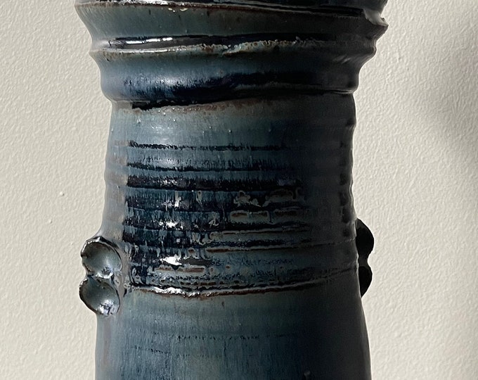 Vintage 60s 70s Blue Ribbed Studio Pottery Stoneware Lamp Mid Century Modern Lighting