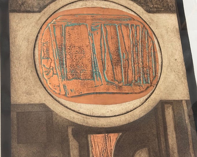 Vintage 1970s Collagraph Print Modern Art Wall Hanging Signed J.B. Thompson