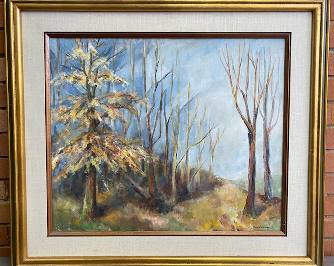 Vintage 1970s Landscape Oil Painting Modern Art Wall Hanging Signed Birenbaum