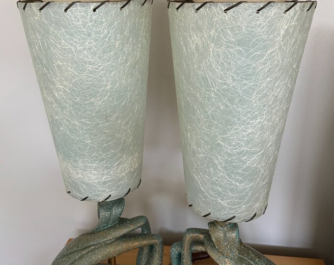 Vintage MCM Teal Plaster Lamps with Fiberglass Shades, Atomic Finials - PAIR