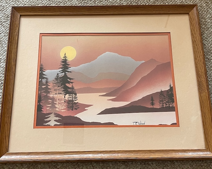 Vintage TC Wood Landscape Lithograph Print Wall Hanging Modern Art Signed - A