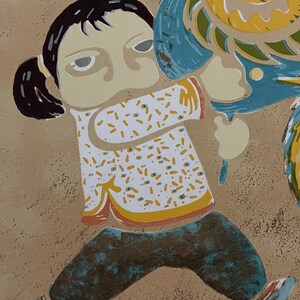 May include: A cartoon illustration of a person with dark hair wearing a yellow and white patterned shirt and blue pants. The person is holding a blue and green object with a yellow and green design.