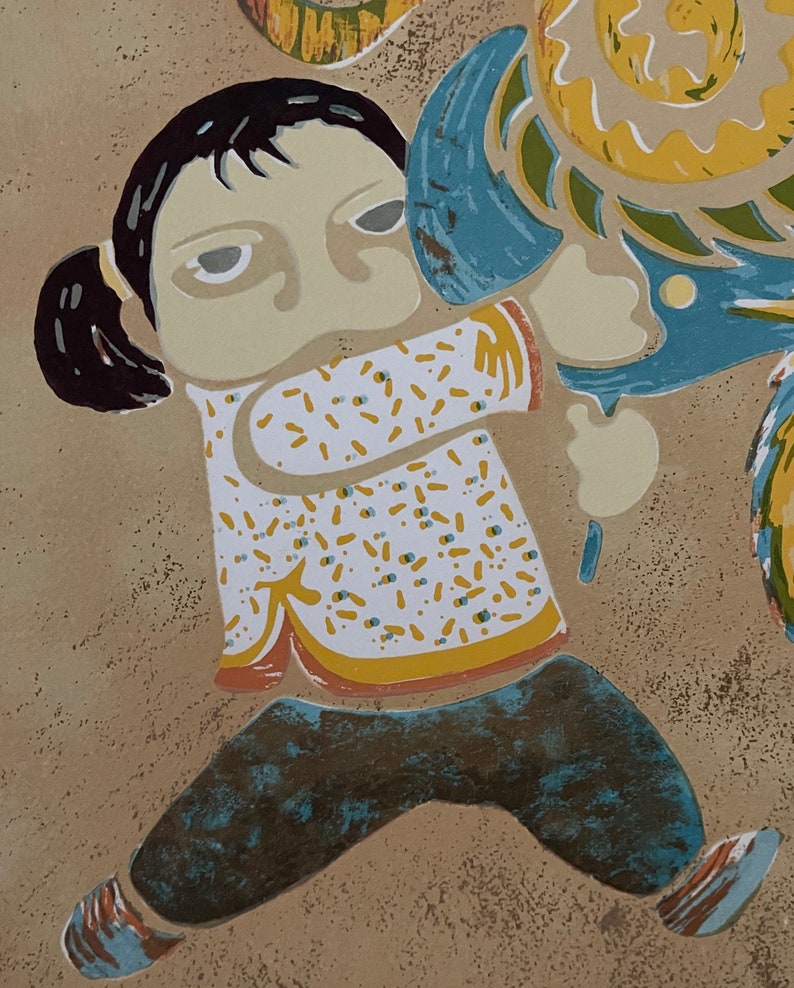 May include: A cartoon illustration of a person with dark hair wearing a yellow and white patterned shirt and blue pants. The person is holding a blue and green object with a yellow and green design.