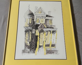 Vintage 70s Hale House LA Lithograph Print Framed Art Wall Hanging Signed Howard
