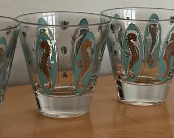 Vintage FRED PRESS Seahorse Glasses Mid Century MCM Glassware Gold Turquoise 50s