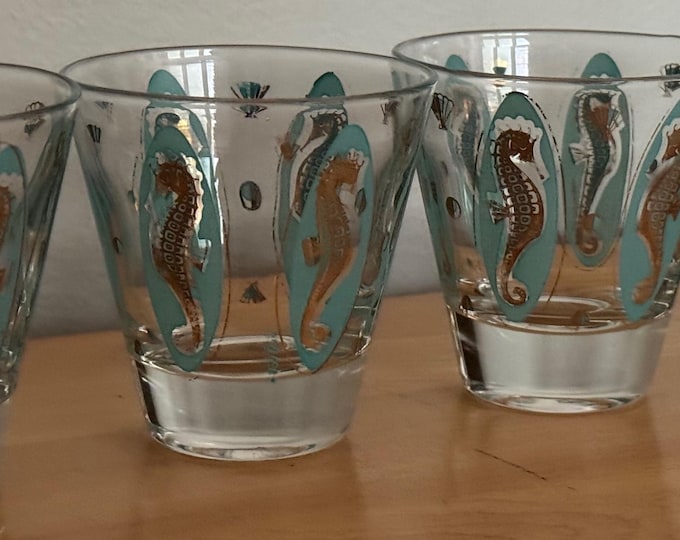 Vintage FRED PRESS Seahorse Glasses Mid Century MCM Glassware Gold Turquoise 50s