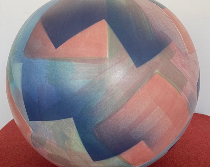 Vintage 90s Round Decorative Ceramic Decorative Vase Post Modern John Bergen Studios Canada Pink, Blue