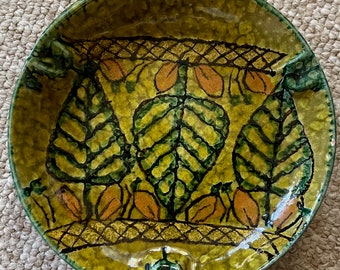 Vintage 60s Round Ceramic Ashtray Leaves Mid Century Modern Italy Hand-Painted