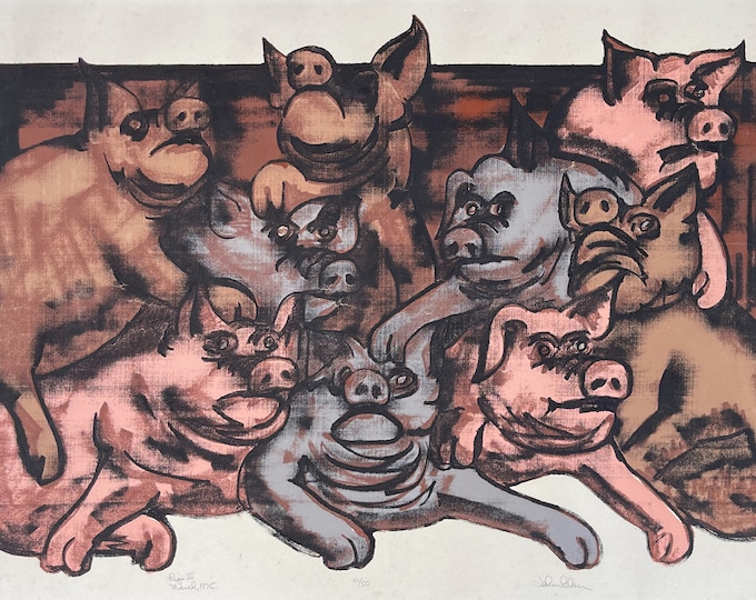 Vintage 1970s Pigs Swine Screenprint Modern Art Wall Hanging Mid Century Signed