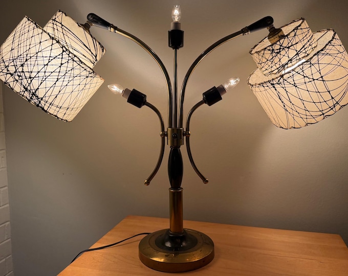 Vintage MCM Brass Lamp Fiberglass Shades Mid Century Modern 50s Lighting Adjusts
