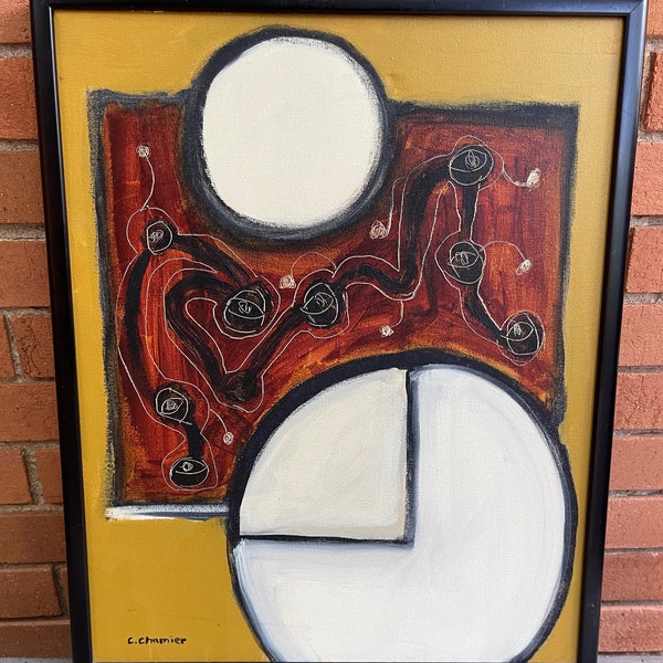 Vintage 70s Abstract Shapes Painting Modern Art Wall Hanging Signed Chamier