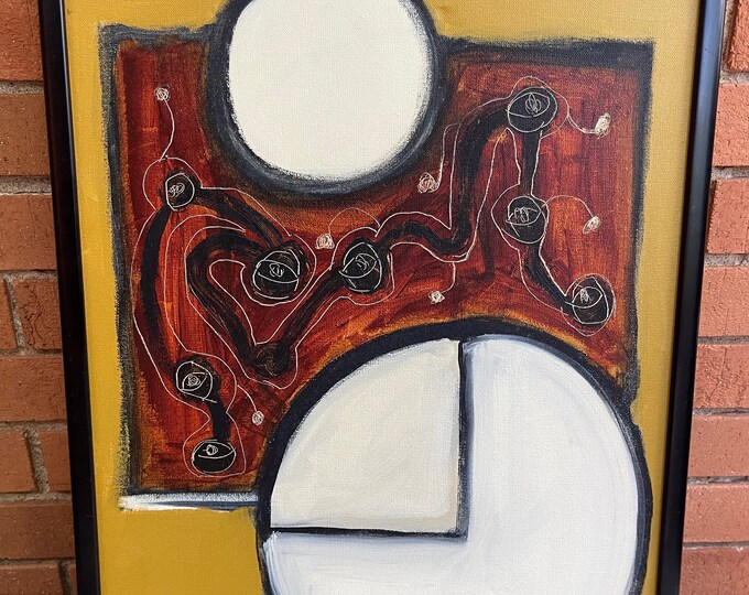 Vintage 70s Abstract Shapes Painting Modern Art Wall Hanging Signed Chamier