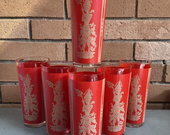 Vintage Thai Goddess Red Gold Highball Glasses Culver Mid Century MCM Drinkware