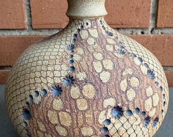 Contemporary Ceramic Stoneware Vase Bulbous Textured Modern Art Pottery Signed Earthtones