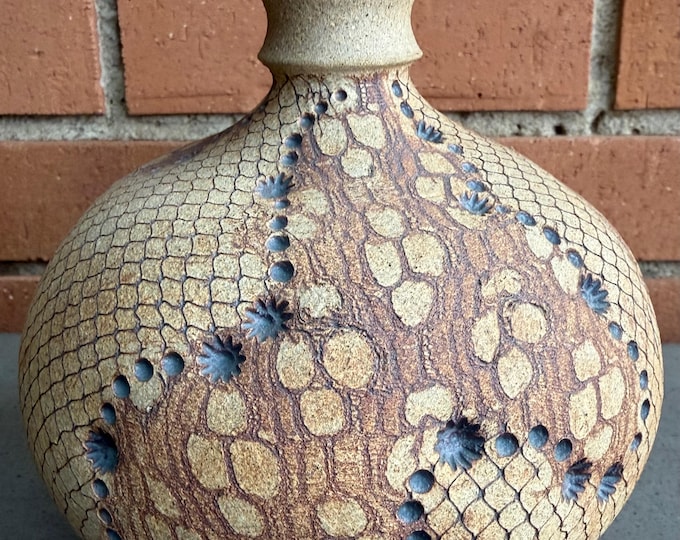 Contemporary Ceramic Stoneware Vase Bulbous Textured Modern Art Pottery Signed Earthtones