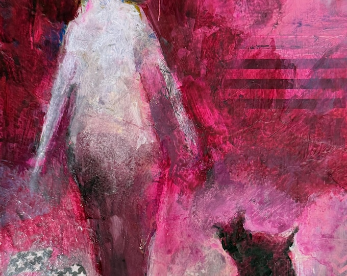 Vintage Abstract Figural Woman Dog Mixed Media Acrylic Painting Modern Art Wall Hanging