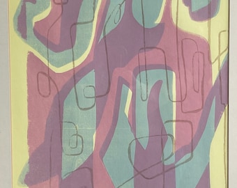 Fun Vintage 60s Abstract Pastel Screen Print Wall Hanging Mid Century Modern Signed