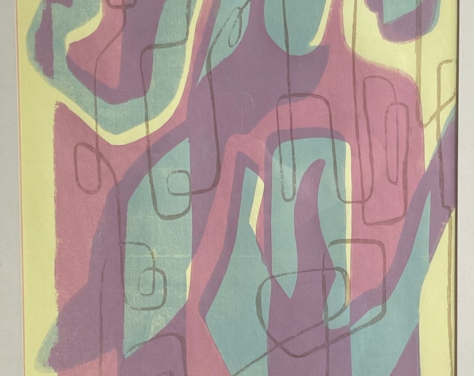 Fun Vintage 60s Abstract Pastel Screen Print Wall Hanging Mid Century Modern Signed