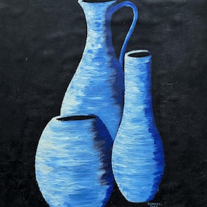 Vintage 1960s Blue Vases Still Life Oil Painting Modern Art Wall Hanging Signed Dudeck