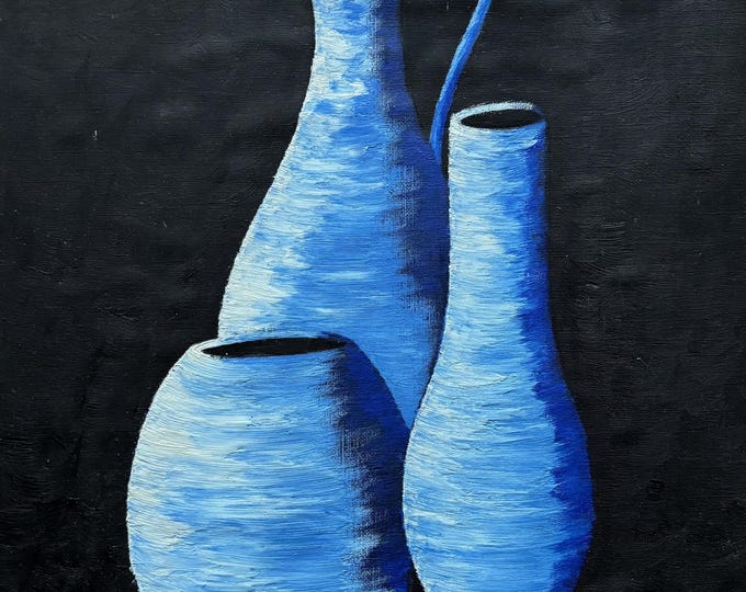 Vintage 1960s Blue Vases Still Life Oil Painting Modern Art Wall Hanging Signed Dudeck