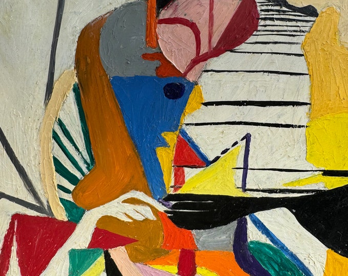 Vintage 50s Abstract Cubist Figural Oil Painting Mid Cenury Modern Art Signed Rossen