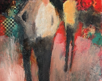 Original Vintage Abstract Figural People Mixed Media Painting Modern Art Wall Hanging Witt