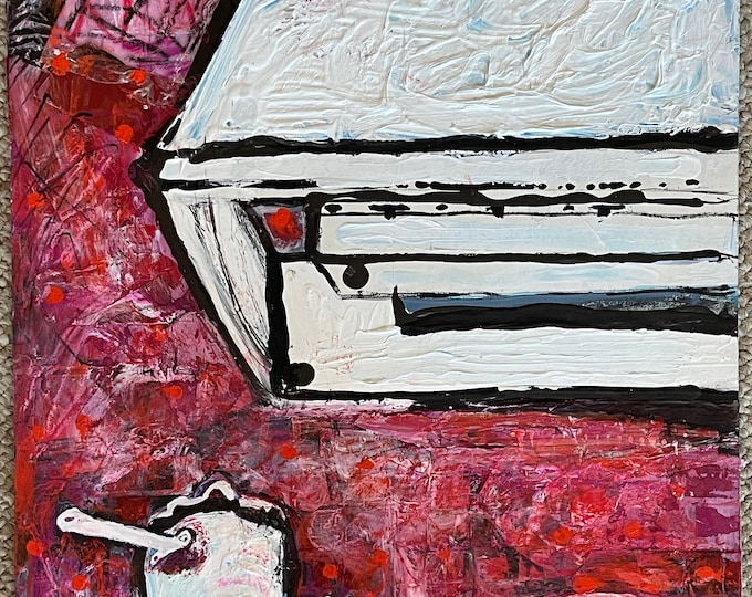 Vintage Abstract Outsider Art  Kitchen Collage Painting Modern Wall Hanging Signed Audrey Johnson
