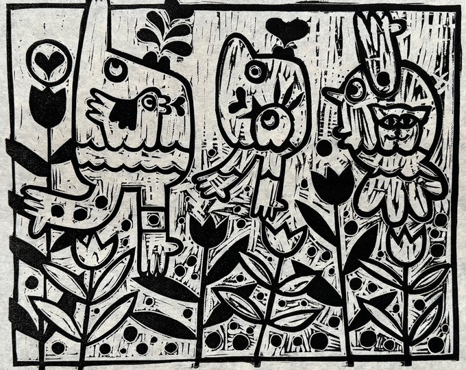 Vintage 70s Chuck Shoemaker Black White Woodcut Print Figural Modern Art - 5