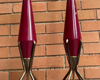 Pair Vintage 50s / 60s Atomic Wood Brass Lamps Mid Century Modern MCM Lighting