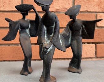 Vintage Abstract Bronze Metal Geisha Girl Sculpture Figurines Modern MCM Art 60s
