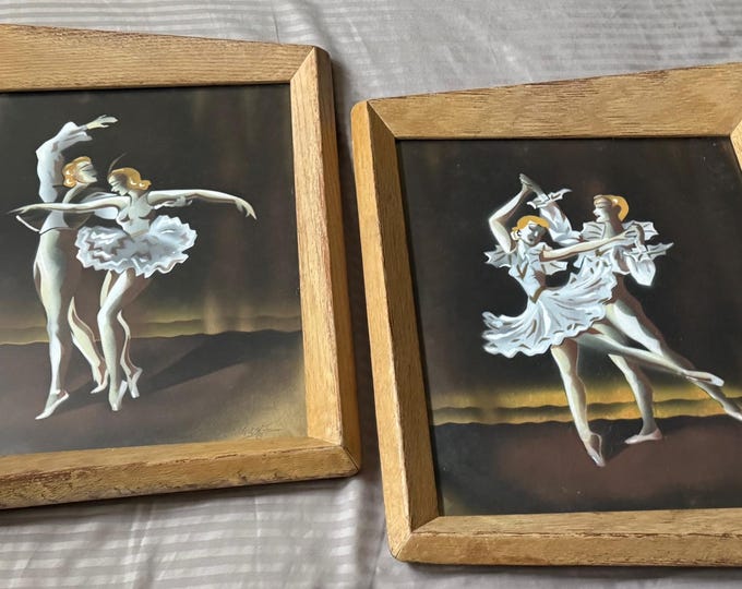 Vintage Ballet Paintings Forced Perspective Frames Mid Century MCM Modern Carlo 50s