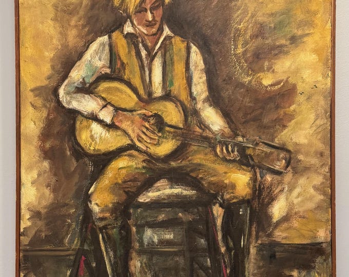 Vintage Guitarist Musician Oil Painting Modern Art Wall Hanging Signed Schafer