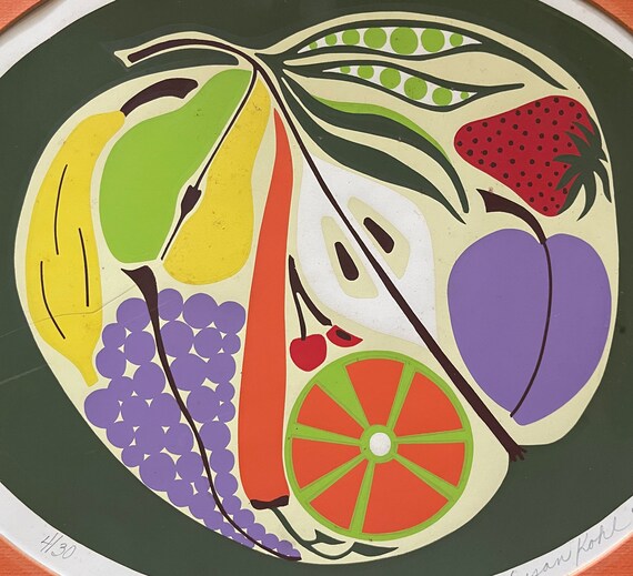 Colorful Vintage 1970s Abstract Fruits Vegetables Screen Print