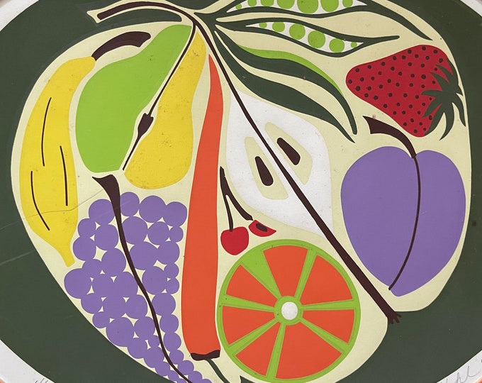 Colorful Vintage 1970s Abstract Fruits Vegetables Screen Print Serigraph Mid Century Modern Art Susan Kohl