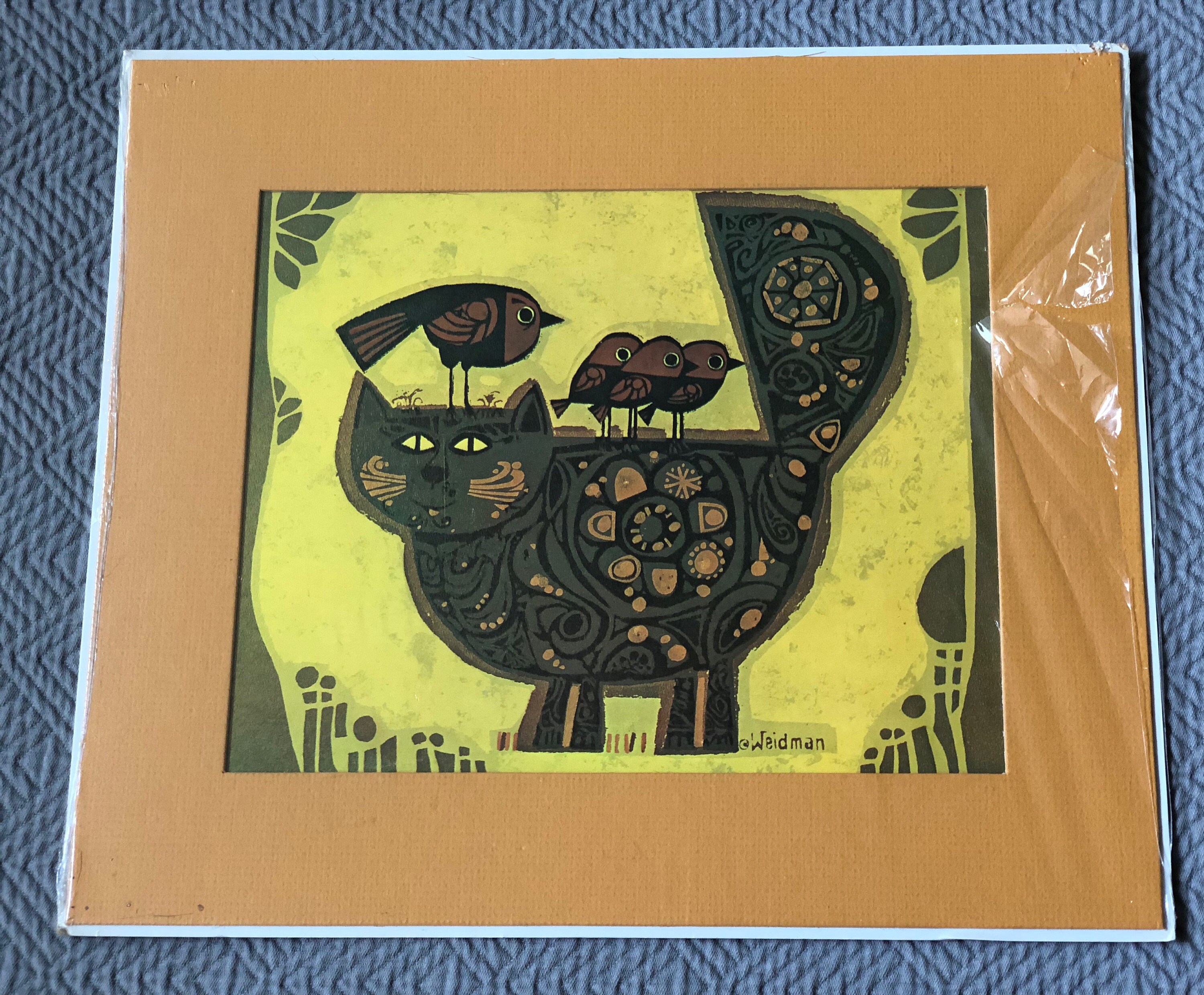 Vintage 70s David Weidman Cat Birds Lithograph Print Wall